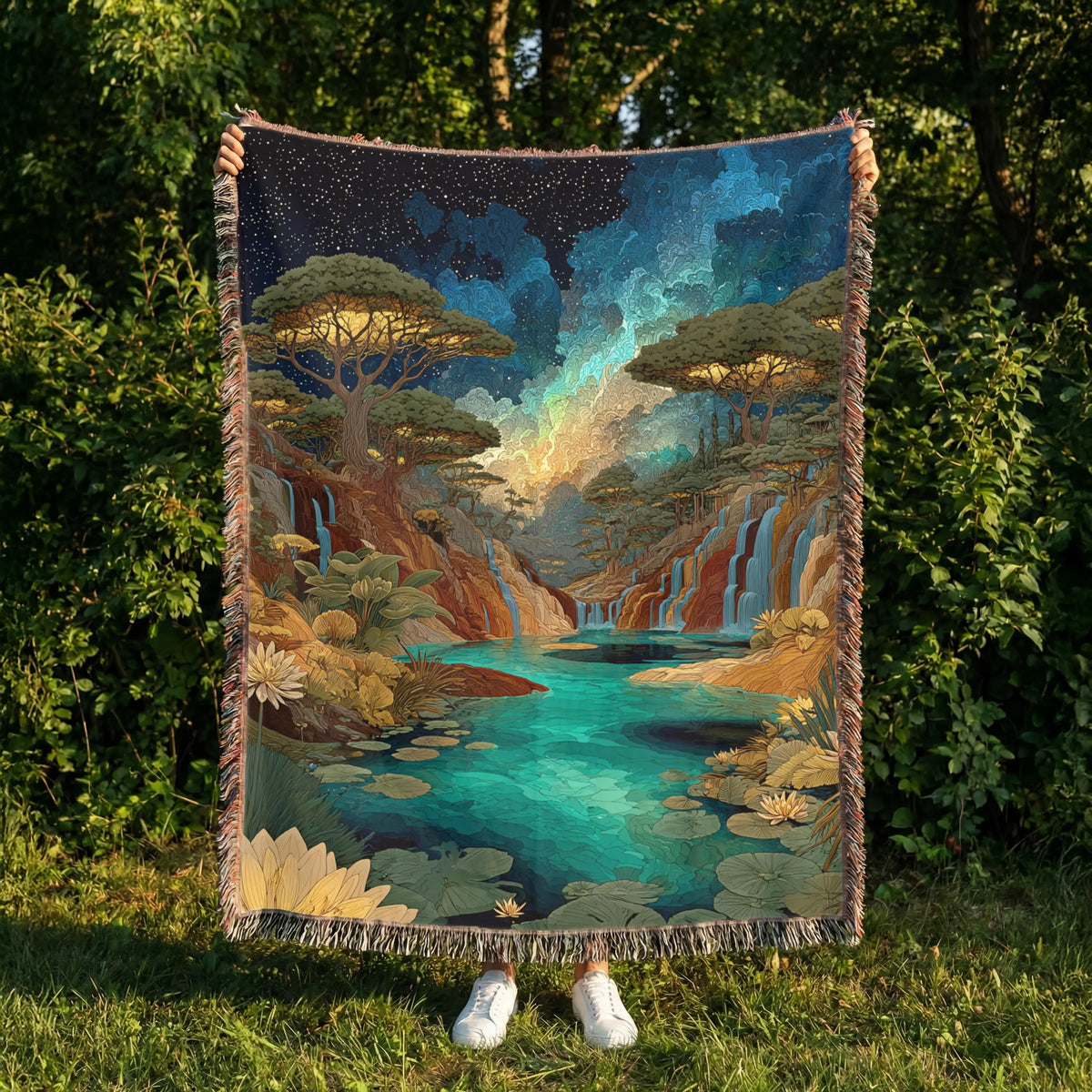 Mountain Waterfall Eerie Lake Woven Blanket - PoeticWovens
