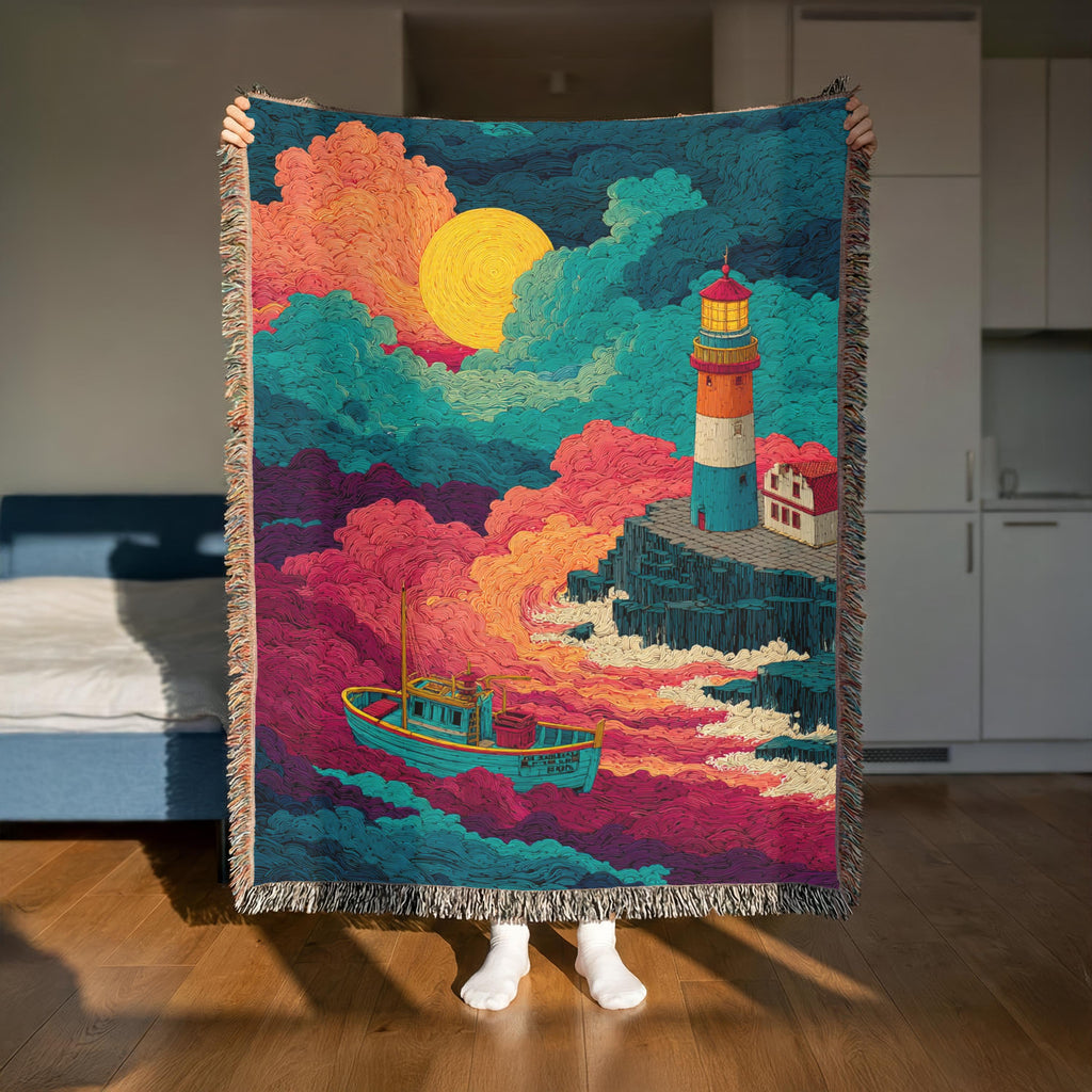 Surreal Lighthouse Nightscape Abstract Woven Blanket