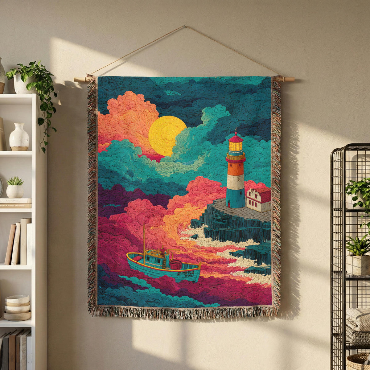 Surreal Lighthouse Nightscape Abstract Woven Blanket - PoeticWovens