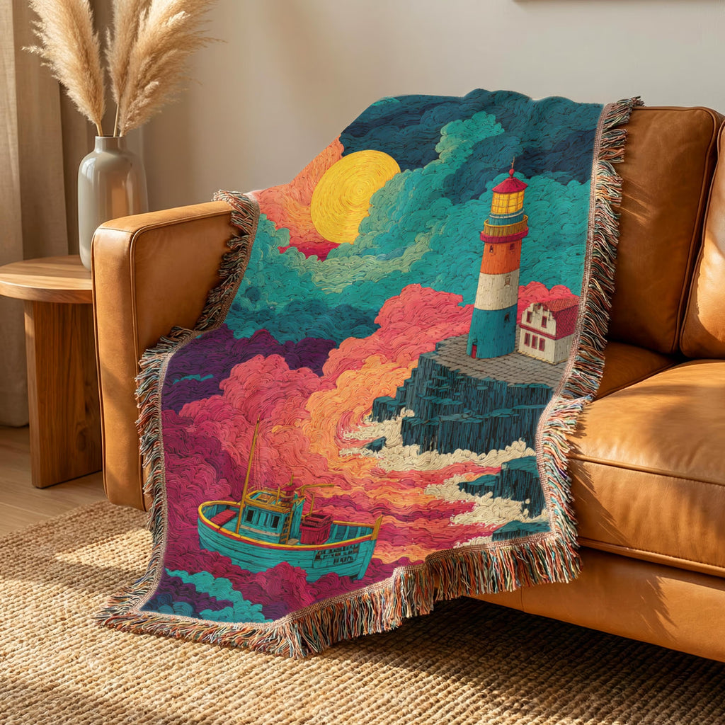 Surreal Lighthouse Nightscape Abstract Woven Blanket - PoeticWovens
