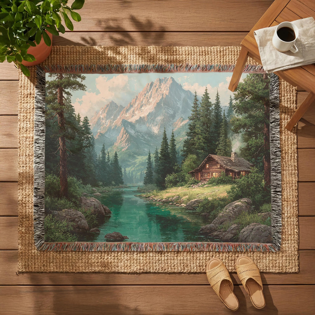 Mountain Cabin Landscape Lake House Woven Blanket - PoeticWovens