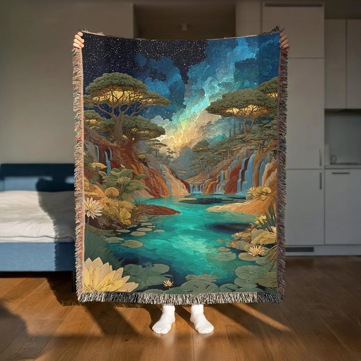 Mountain Waterfall Eerie Lake Woven Blanket - PoeticWovens