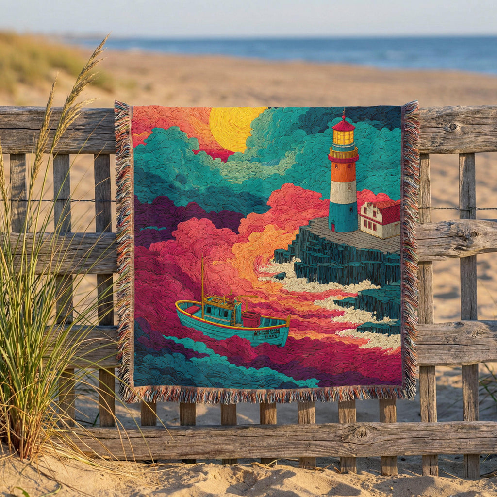 Surreal Lighthouse Nightscape Abstract Woven Blanket - PoeticWovens