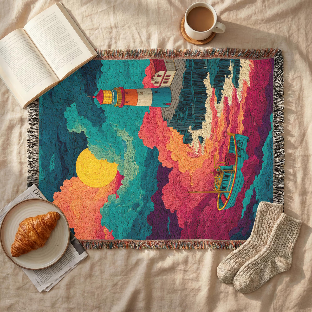 Surreal Lighthouse Nightscape Abstract Woven Blanket - PoeticWovens