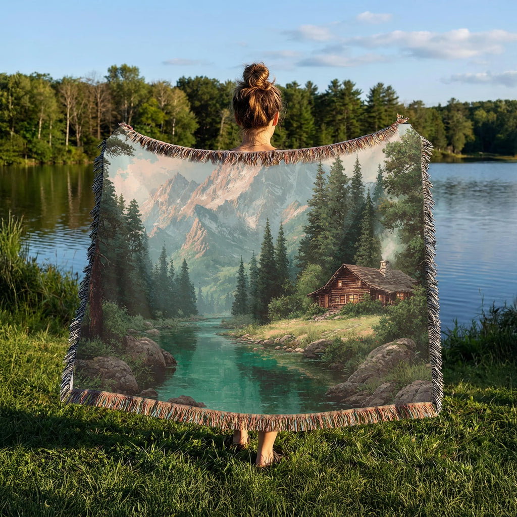 Mountain Cabin Landscape Lake House Woven Blanket - PoeticWovens