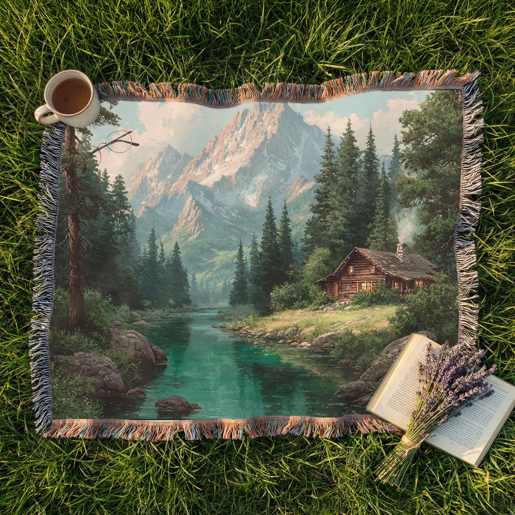 Mountain Cabin Landscape Lake House Woven Blanket - PoeticWovens