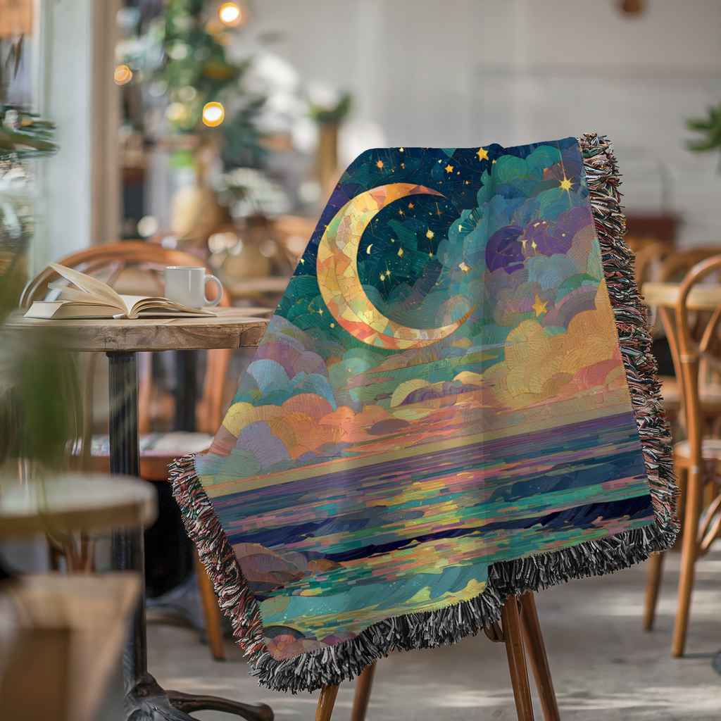 Abstract Beach Celestial Moon and Stars Woven Blanket - PoeticWovens