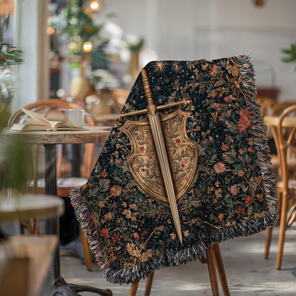 Medieval Sword Floral Background Woven Blanket - PoeticWovens